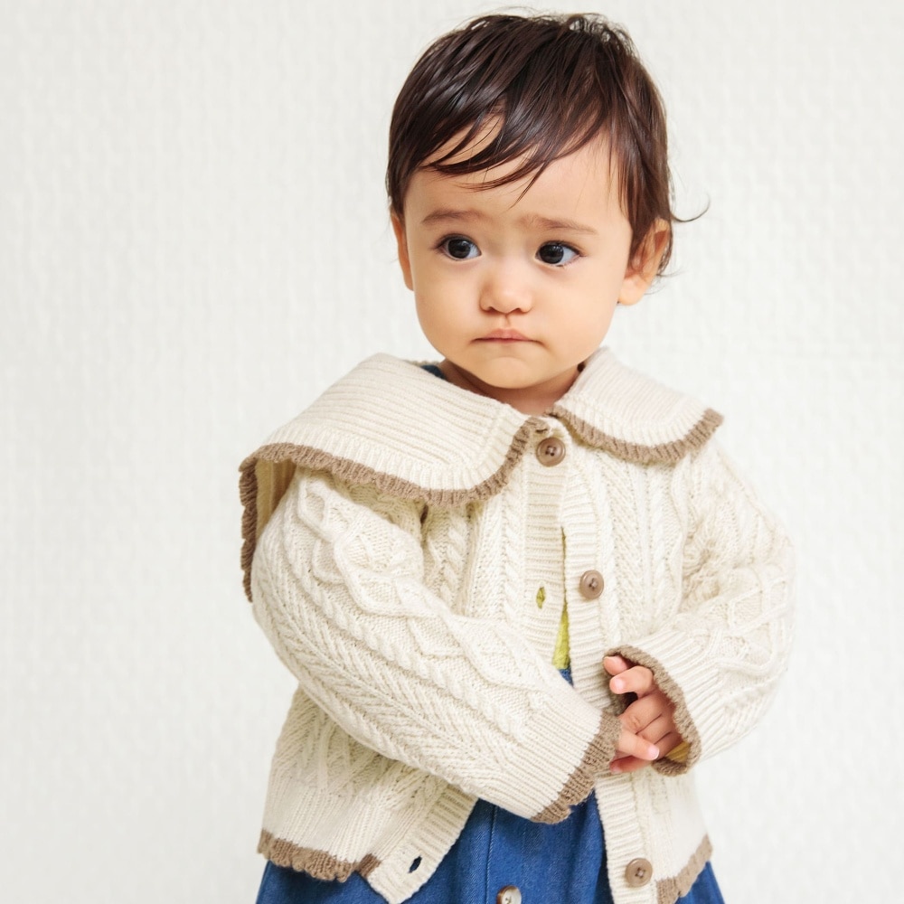 送料無料 カーディガン ニット 長袖 ベビー キッズ 赤ちゃん 子供服 トップス ケーブル編み 縄編み 上着 羽織り 前開き 前ボタン ラウンドネック バイカラー 女の子 男の子 防寒 寒さ対策 暖かい あったか カジュアル 赤ん坊 こども服