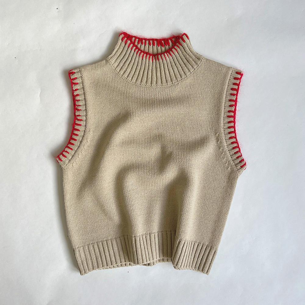 ハイネック 配色ハンドステッチニットベスト