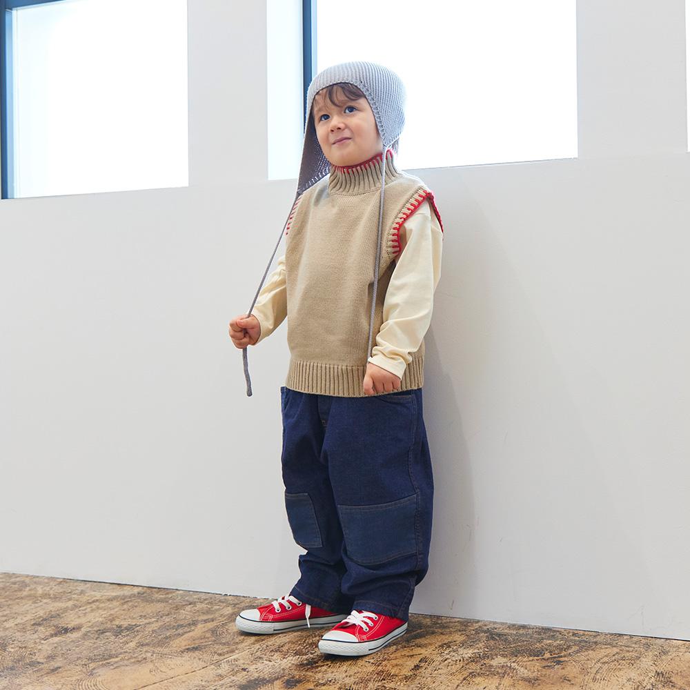 ハイネック 配色ハンドステッチニットベスト