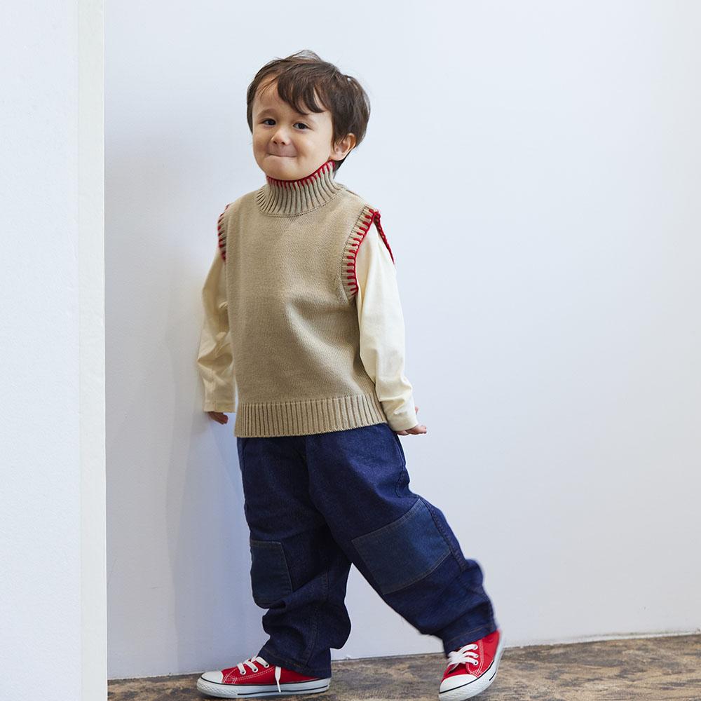 ハイネック 配色ハンドステッチニットベスト