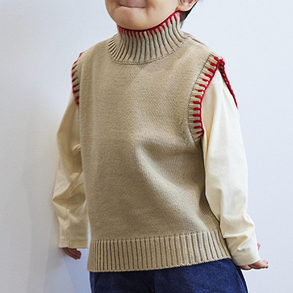 ハイネック 配色ハンドステッチニットベスト