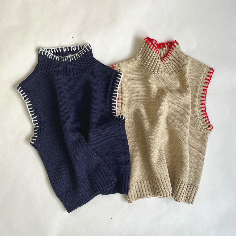 ハイネック 配色ハンドステッチニットベスト