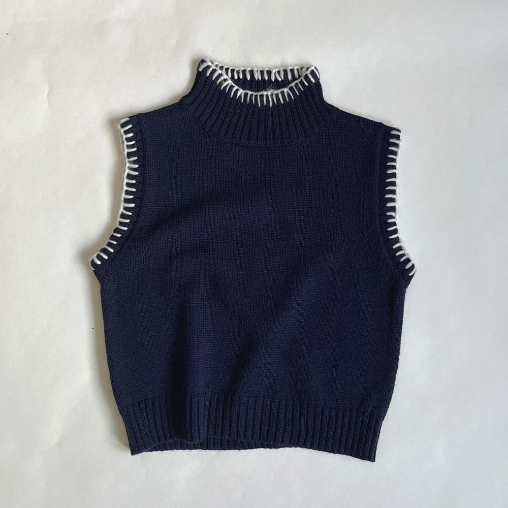 ハイネック 配色ハンドステッチニットベスト