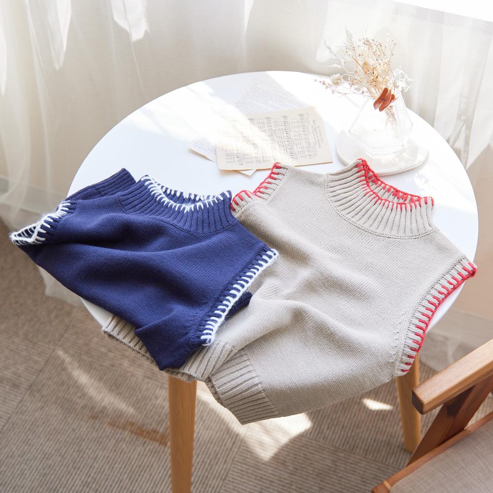 ハイネック 配色ハンドステッチニットベスト