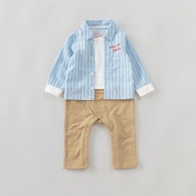 【おそろい】ストライプ柄ロゴ刺しゅう長袖カバーオール