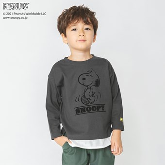 【PEANUTS】スヌーピー＆ウッドストック重ね着風長袖Tシャツ