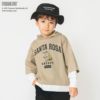 【PEANUTS】スヌーピー重ね着風フード付き長袖Tシャツ