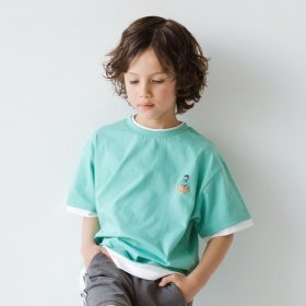 フェイクレイヤード 刺繍半袖Tシャツ