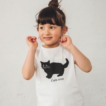 【Cat's ISSUE】黒ネコプリントフレンチスリーブTシャツ