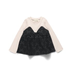 【おそろい】リボン柄ドッキング長袖Tシャツ