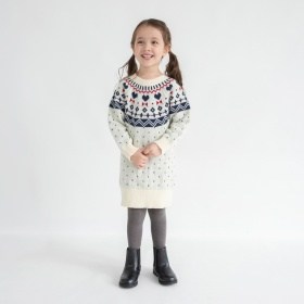 【マシンウォッシャブル】ノルディック風ハート柄ニットワンピース