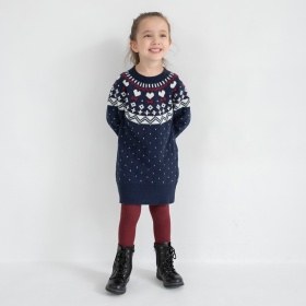 【マシンウォッシャブル】ノルディック風ハート柄ニットワンピース