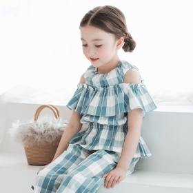 【おそろい】ブロックチェック肩出しブラウス