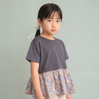 【DRC/やわらか天竺】柄フリル切替半袖Tシャツ