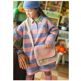 【ピーチーズ】ジュニア パステルボーダー 胸元ワッペン 襟つきワンピース