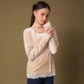 【MELLOW-LY】チョーカーリボン付きベロアレースロンT